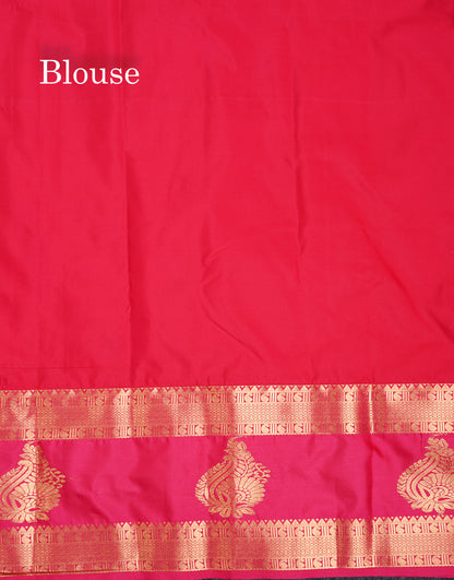 Semi Silk Saree - Mango Yellow Colour Body Zari Butta With Contrast Tomato Red Gap Border