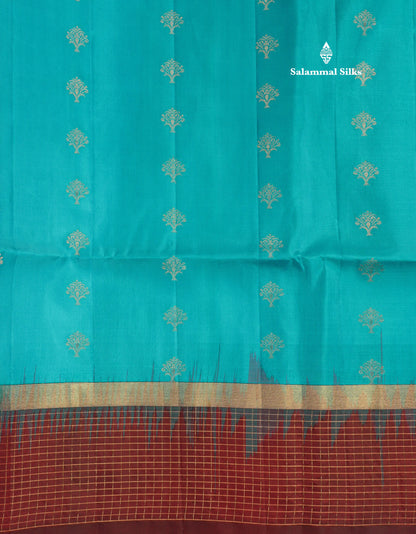 Beautiful Sea Blue Pure Kanjivaram Soft Silk Saree With Contrast Navy Blue Zari Checks Border