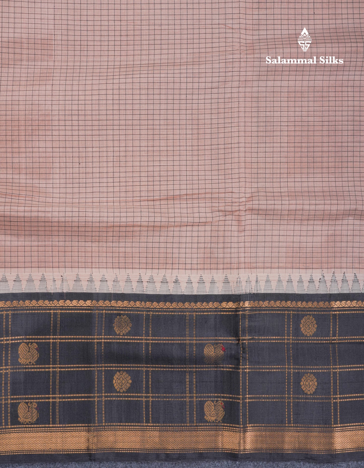 Light Chocolate Small Checks Pure Silk Cotton Saree With Contrast Black Traditional Evening Morning Border
