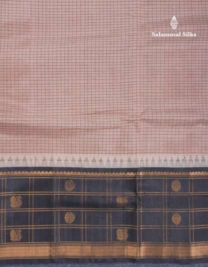Light Chocolate Small Checks Pure Silk Cotton Saree With Contrast Black Traditional Evening Morning Border