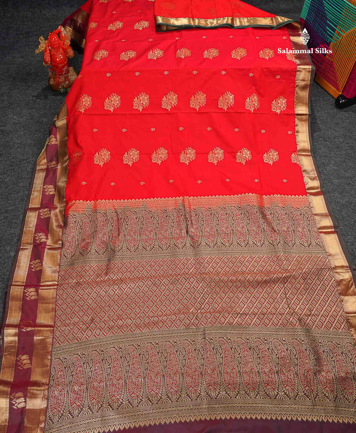 Semi Silk Saree - Chilly Red Colour Body Zari Butta With Traditional Gap Border 