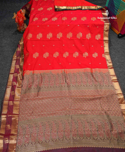 Semi Silk Saree - Chilly Red Colour Body Zari Butta With Traditional Gap Border 
