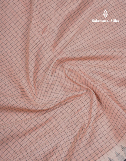 Light Chocolate Small Checks Pure Silk Cotton Saree With Contrast Black Traditional Evening Morning Border
