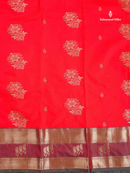 Semi Silk Saree - Chilly Red Colour Body Zari Butta With Traditional Gap Border