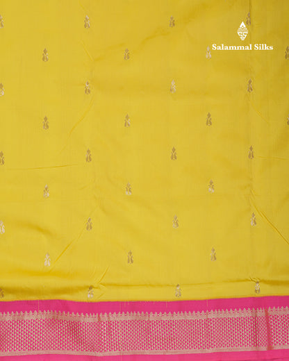 9 Yards Semi Silk Saree Yellow with Contrast Pink Border
