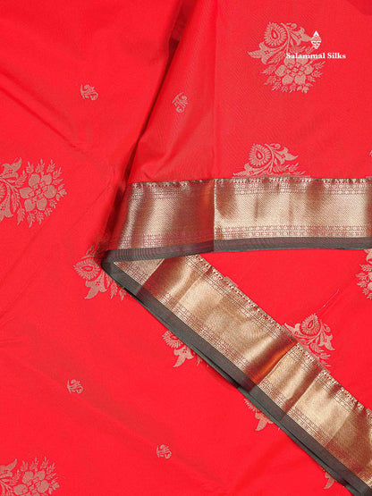 Semi Silk Saree - Chilly Red Colour Body Zari Butta With Traditional Gap Border