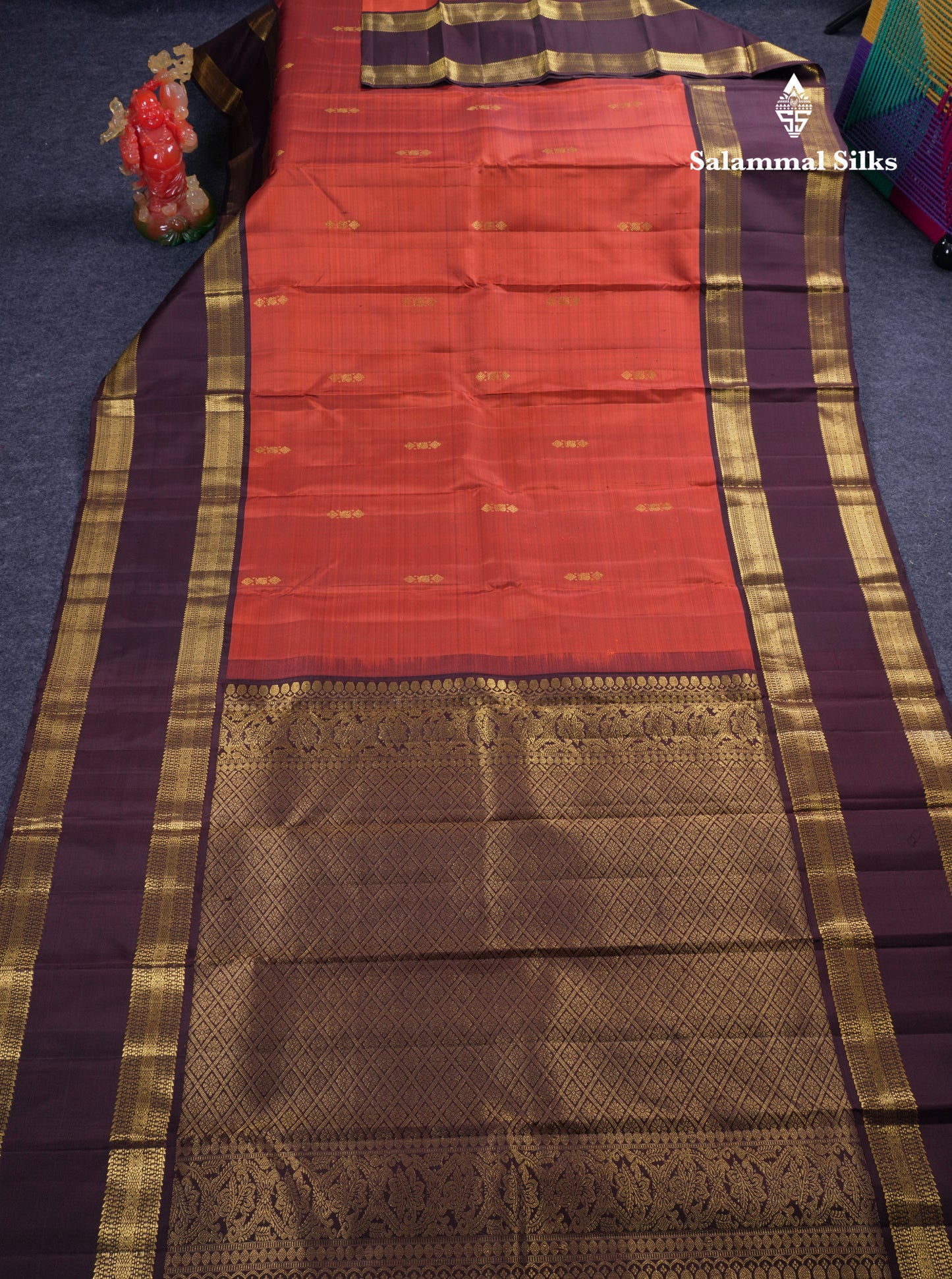 Beautiful Rust Orange Pure Kanjivaram Silk Saree With Contrast Dark Brown Traditional Gap Border