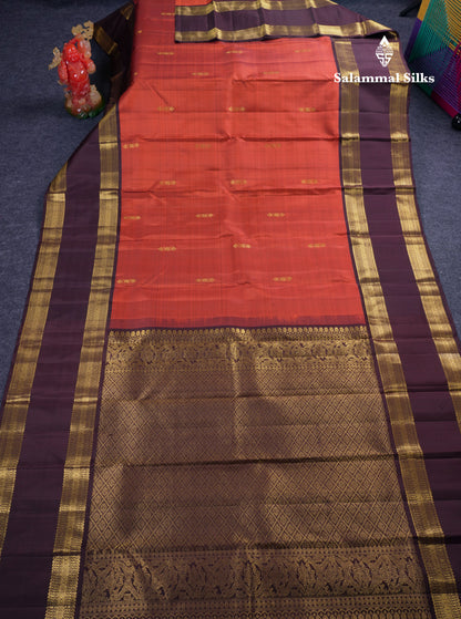 Beautiful Rust Orange Pure Kanjivaram Silk Saree With Contrast Dark Brown Traditional Gap Border