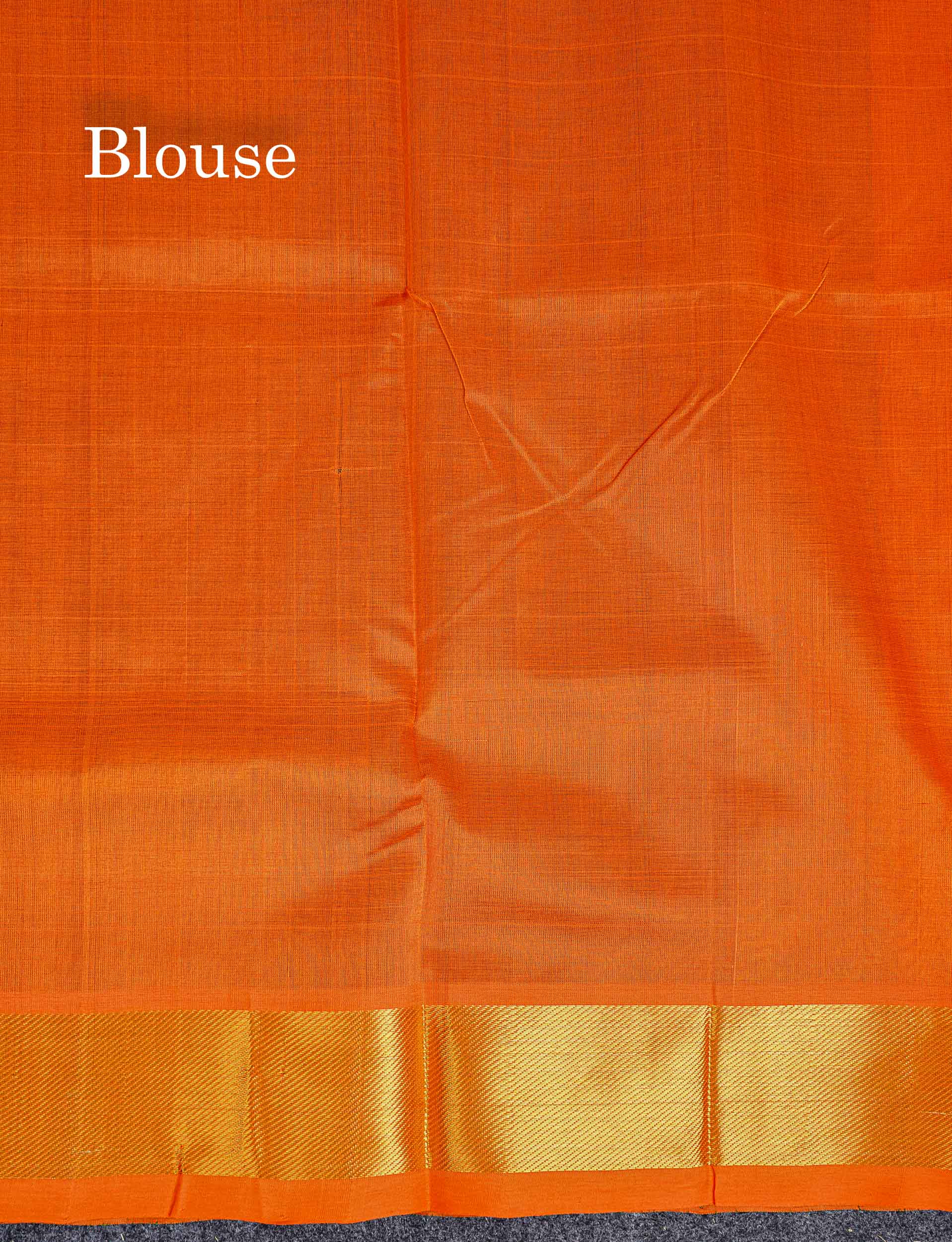 Contrast Orange Blouse Of Bottle Green Pure Silk Cotton Saree 