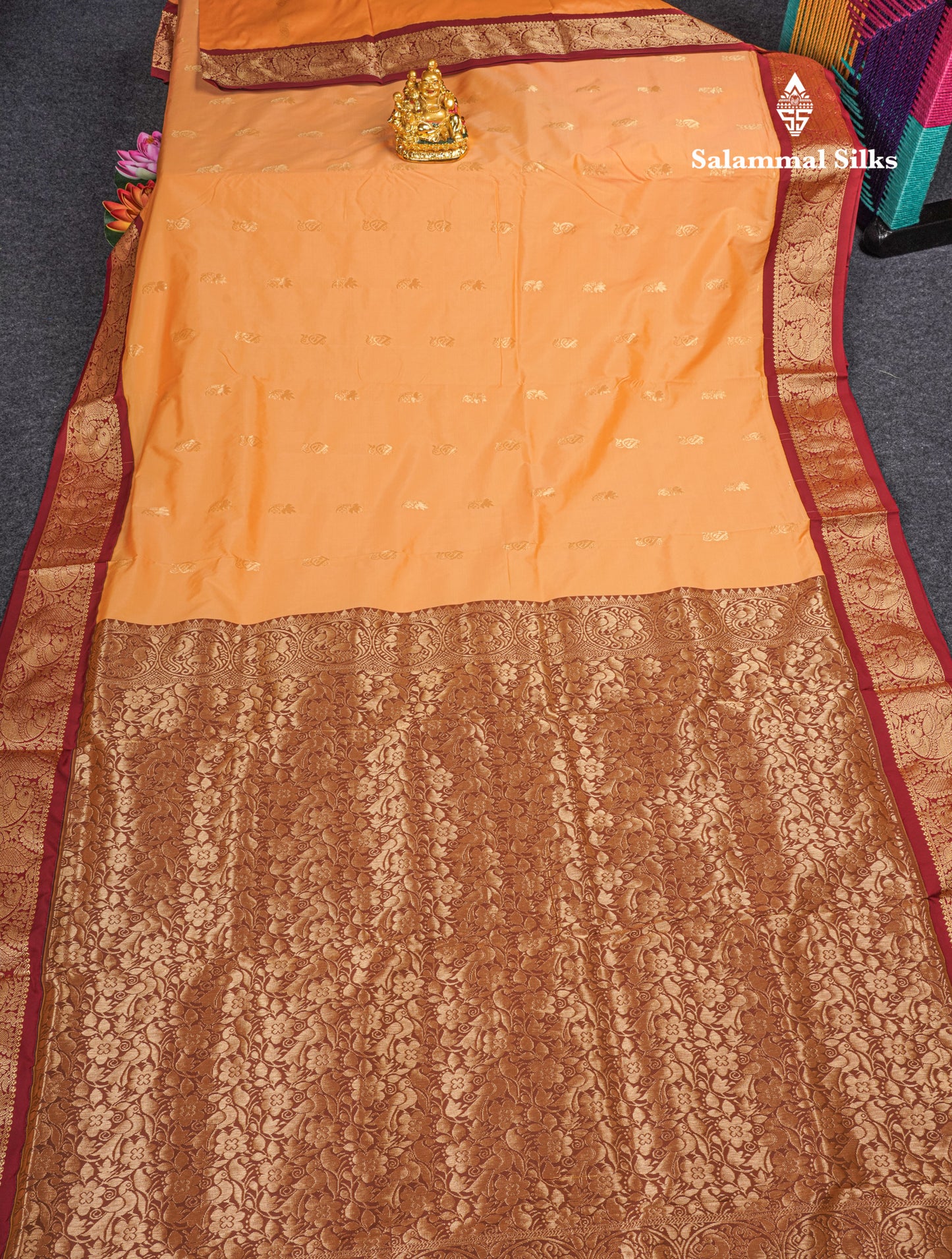 9 Yards Semi Silk Saree Light Orange With Contrast Maroon Border