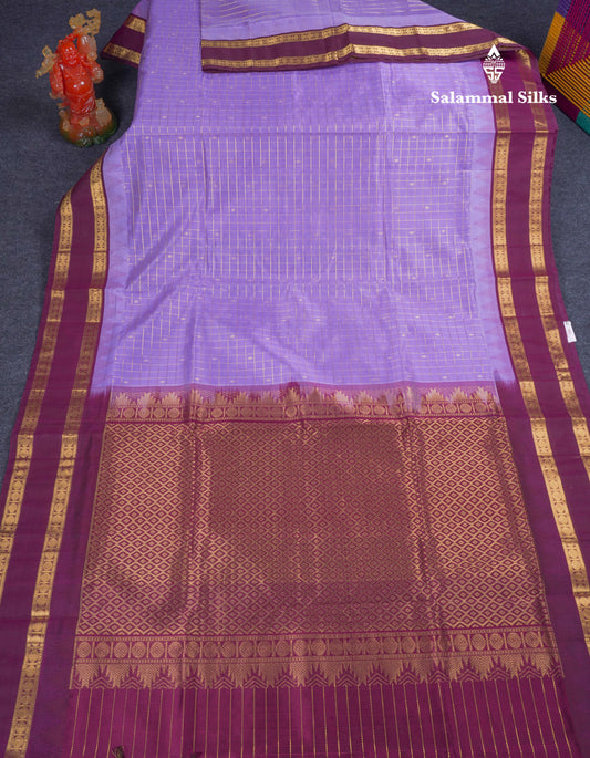 Lavender Checks With Butta Pure Silk Cotton Saree With Contrast Dark Magenta Traditional Rettapet Border
