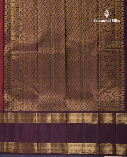 Beautiful Rust Orange Pure Kanjivaram Silk Saree With Contrast Dark Brown Traditional Gap Border