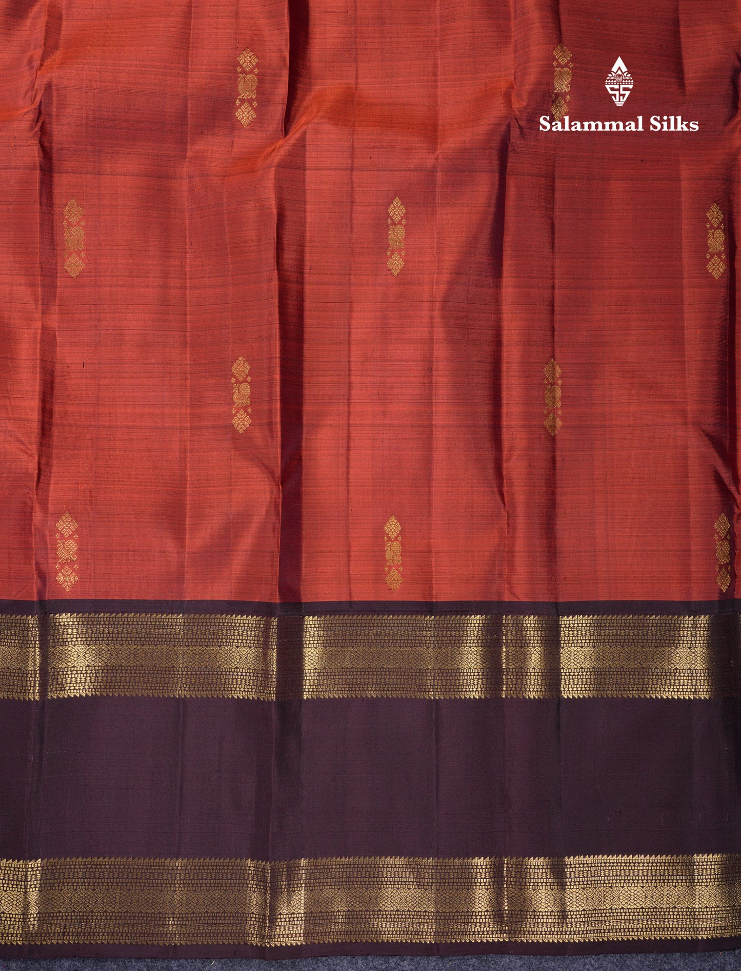 Beautiful Rust Orange Pure Kanjivaram Silk Saree With Contrast Dark Brown Traditional Gap Border