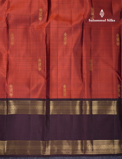 Beautiful Rust Orange Pure Kanjivaram Silk Saree With Contrast Dark Brown Traditional Gap Border
