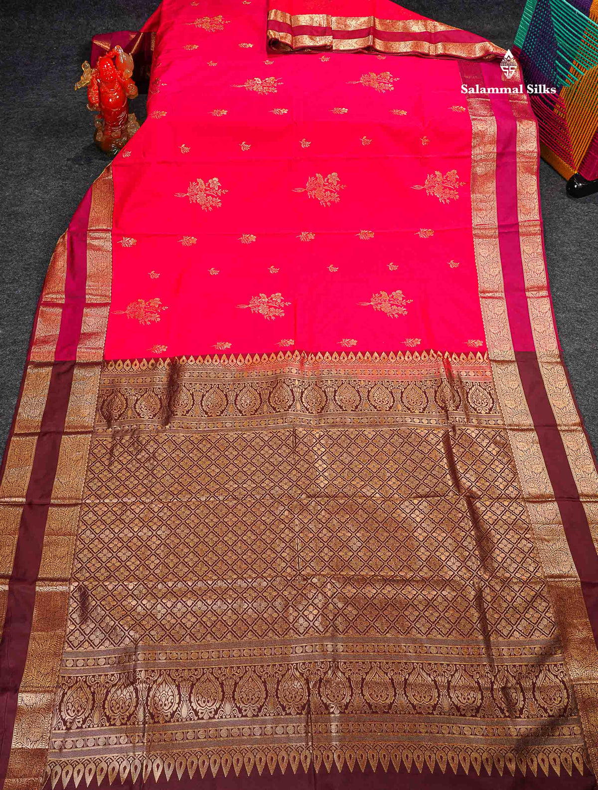 Semi Silk Saree - Pink Colour Body Zari Butta With Contrast Maroon Traditional Gap Border 