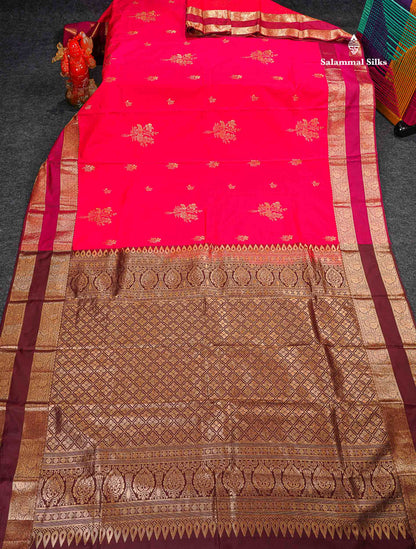 Semi Silk Saree - Pink Colour Body Zari Butta With Contrast Maroon Traditional Gap Border 