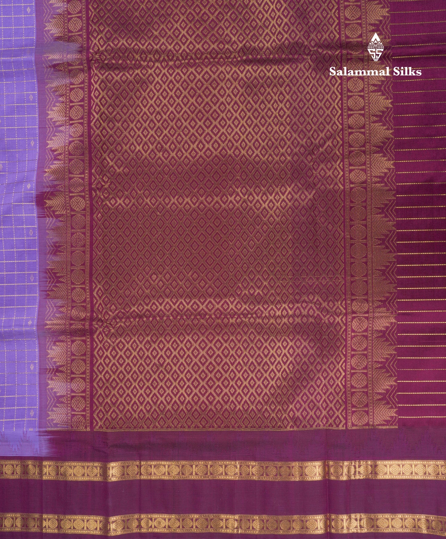 Lavender Checks With Butta Pure Silk Cotton Saree With Contrast Dark Magenta Traditional Rettapet Border