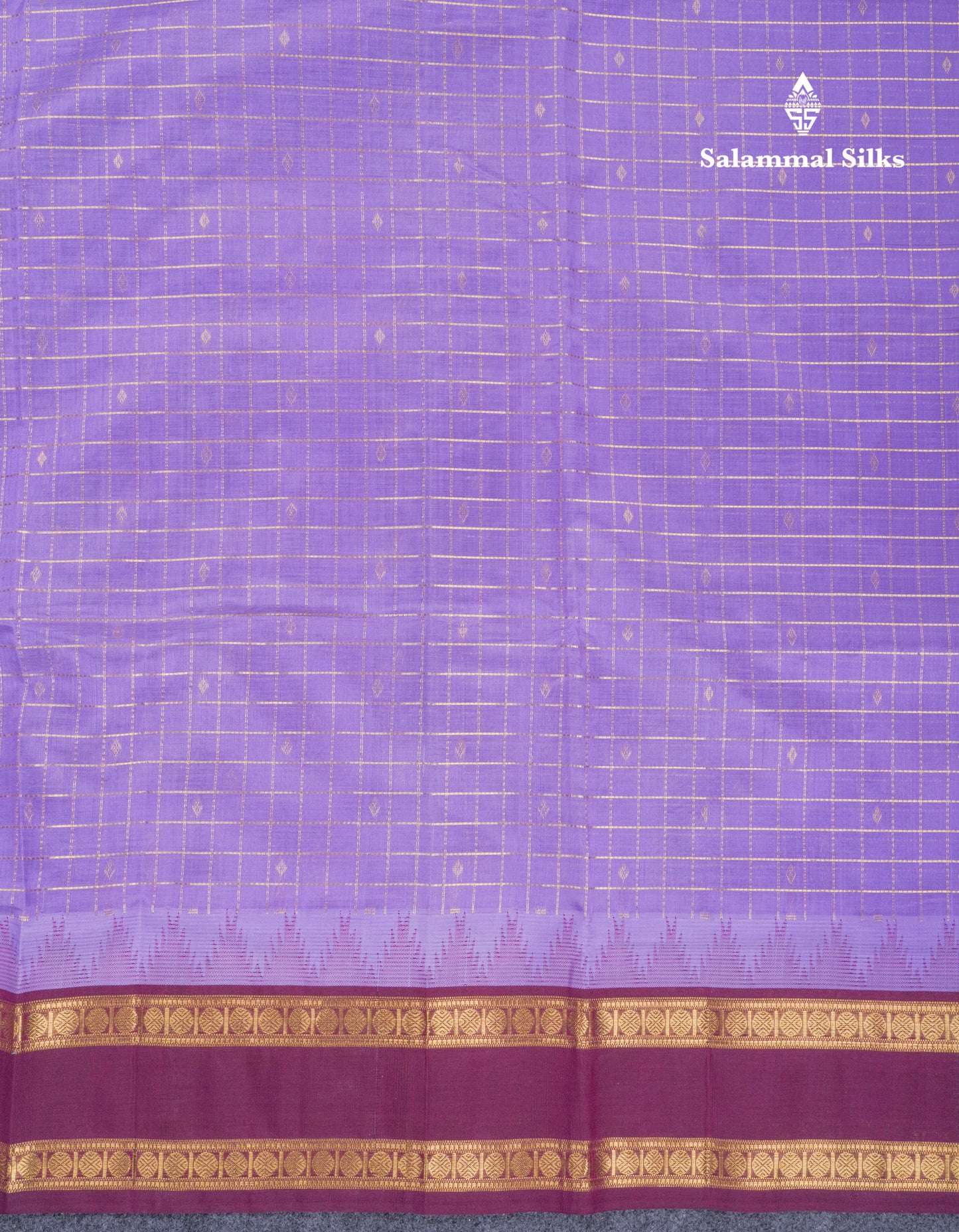Lavender Checks With Butta Pure Silk Cotton Saree With Contrast Dark Magenta Traditional Rettapet Border