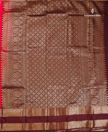 Semi Silk Saree - Pink Colour Body Zari Butta With Contrast Maroon Traditional Gap Border