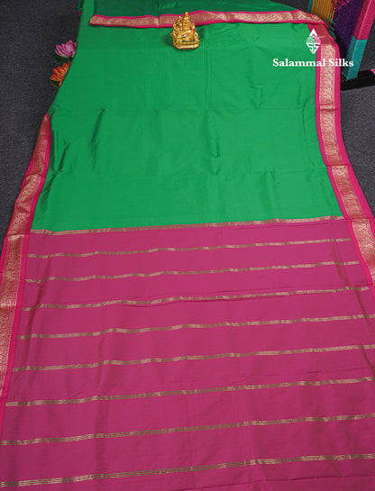 9 Yards Semi Silk Saree Green with Contrast Pink Small Traditional Border