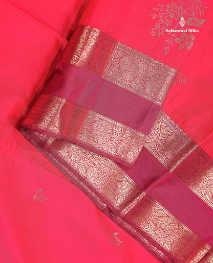 Semi Silk Saree - Pink Colour Body Zari Butta With Contrast Maroon Traditional Gap Border