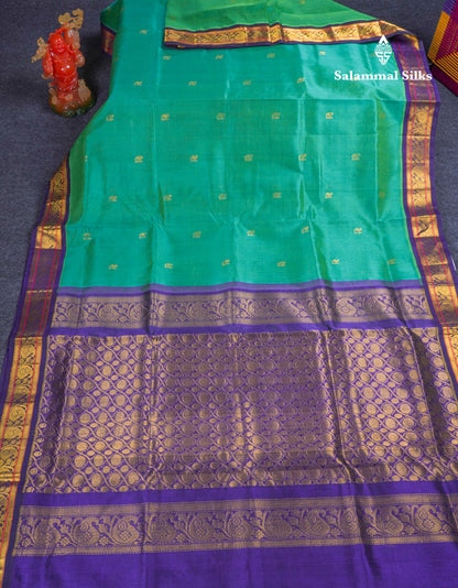 Beautiful Dual Tone Peacock Green Pure Silk Cotton Saree With Contrast Navy Blue Traditional Border