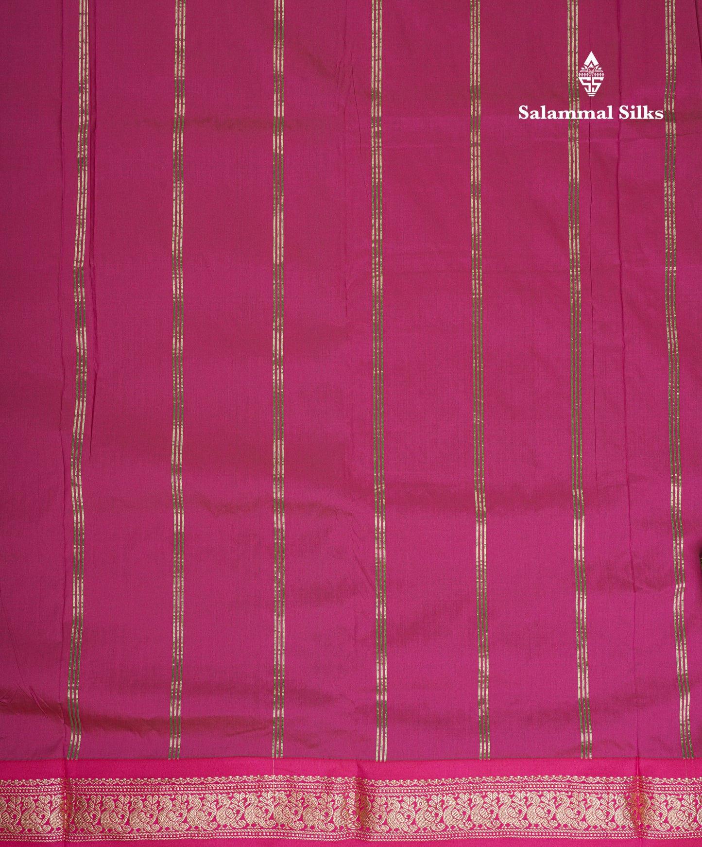9 Yards Semi Silk Saree Green with Contrast Pink Small Traditional Border