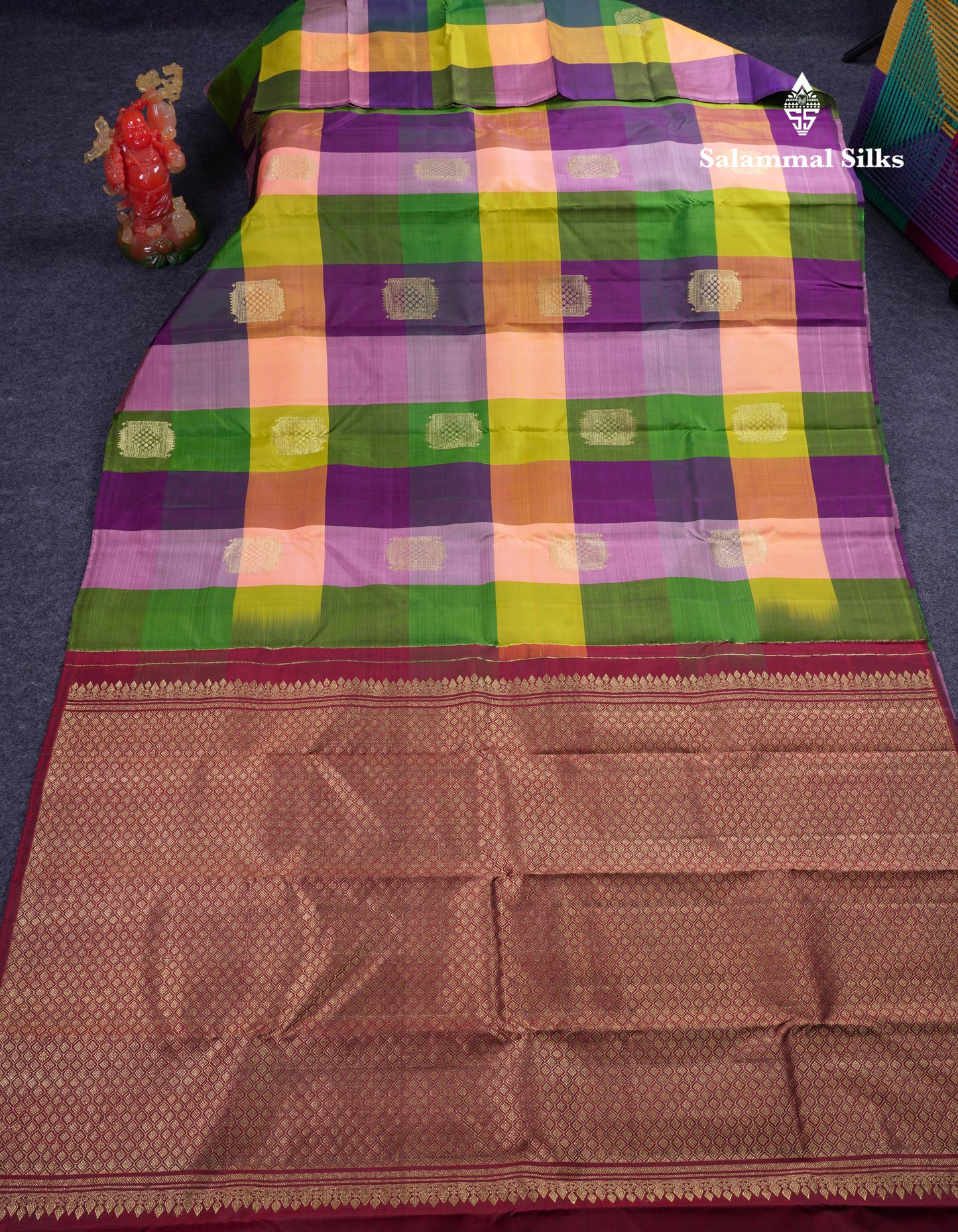 Beautiful Paalum Pazham Big Checks With Butta Pure Kanjivaram Silk Saree With Contrast Maroon Blouse