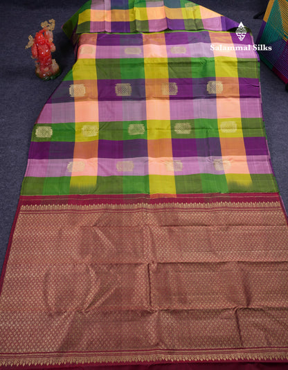 Beautiful Paalum Pazham Big Checks With Butta Pure Kanjivaram Silk Saree With Contrast Maroon Blouse