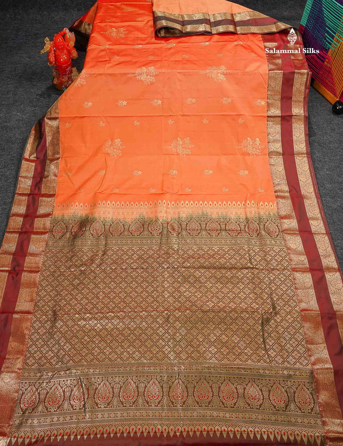 Semi Silk Saree - Light Orange Colour Body Zari Butta With Dual Tone Maroon Gap Border 