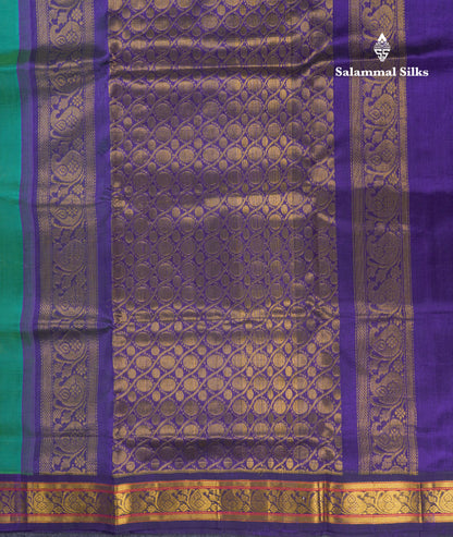 Beautiful Dual Tone Peacock Green Pure Silk Cotton Saree With Contrast Navy Blue Traditional Border
