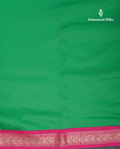 9 Yards Semi Silk Saree Green with Contrast Pink Small Traditional Border