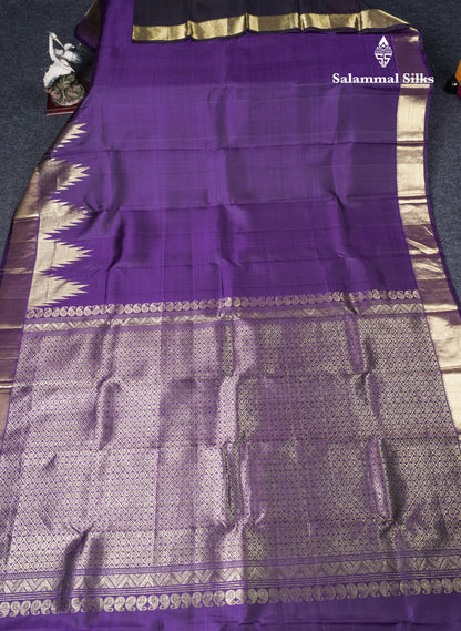 Violet Plain Pure Kanjivaram Silk Saree With Traditional Temple Border