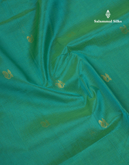Beautiful Dual Tone Peacock Green Pure Silk Cotton Saree With Contrast Navy Blue Traditional Border