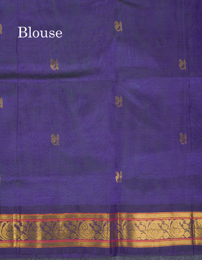 Beautiful Dual Tone Peacock Green Pure Silk Cotton Saree With Contrast Navy Blue Traditional Border