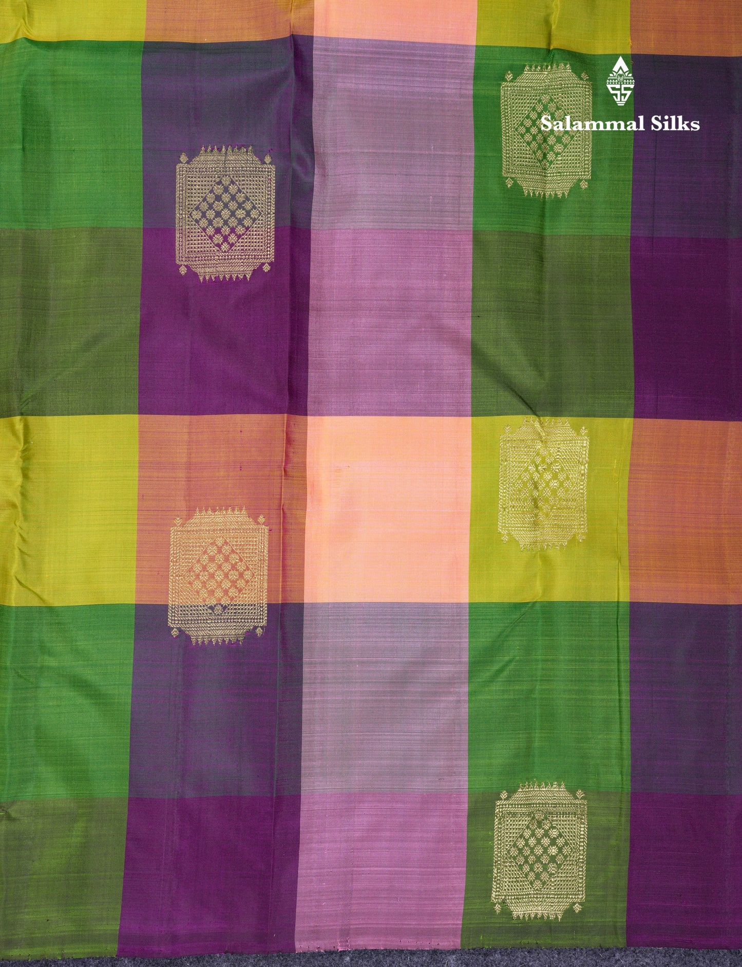 Beautiful Paalum Pazham Big Checks With Butta Pure Kanjivaram Silk Saree With Contrast Maroon Blouse