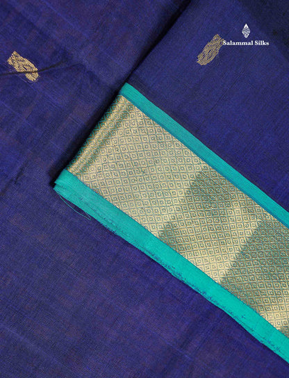 Pure Silk Cotton Saree - Navy Blue Colour Body With Butta & Traditional Border
