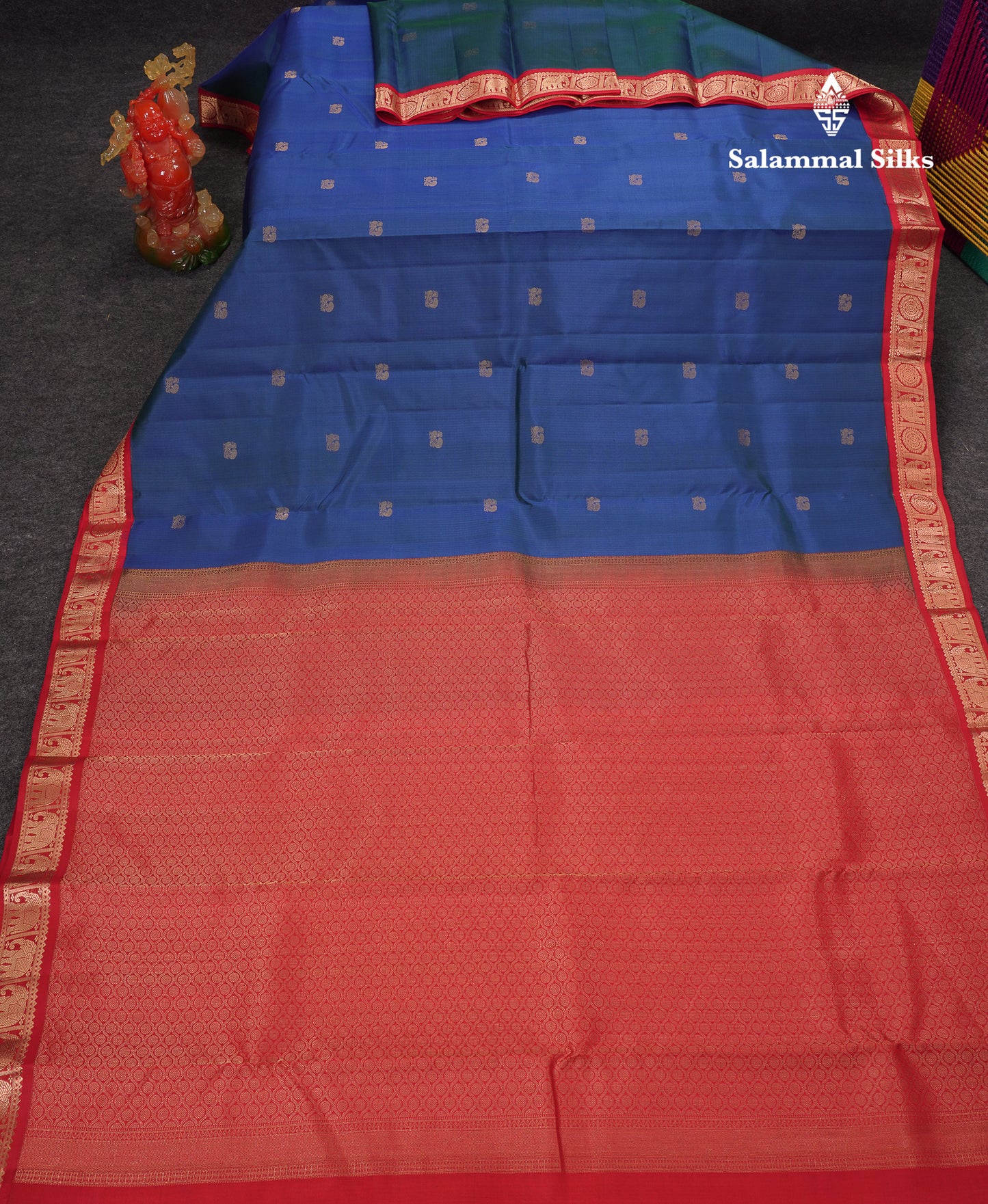 Beautiful Peacock Blue Pure Kanjivaram Silk Saree With Red Traditional Korvai Border