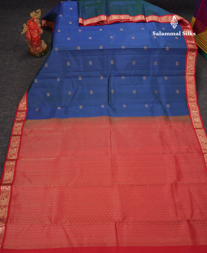 Beautiful Peacock Blue Pure Kanjivaram Silk Saree With Red Traditional Korvai Border