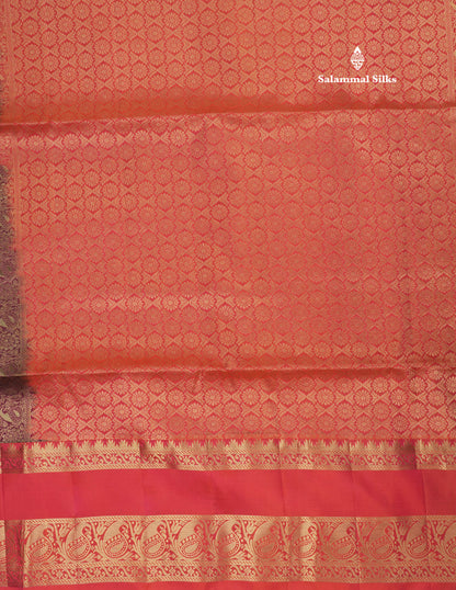 Beautiful Bottle Green Pure Kanjivaram Soft Silk Saree With Contrast Pinkish Orange Border