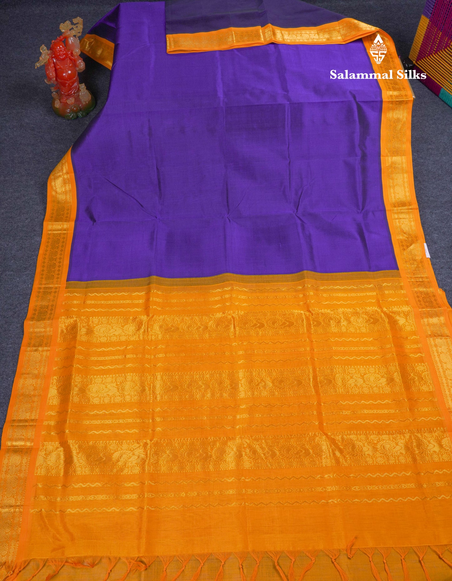 Violet Plain Pure Silk Cotton Saree With Contrast Mustard Yellow Traditional Border
