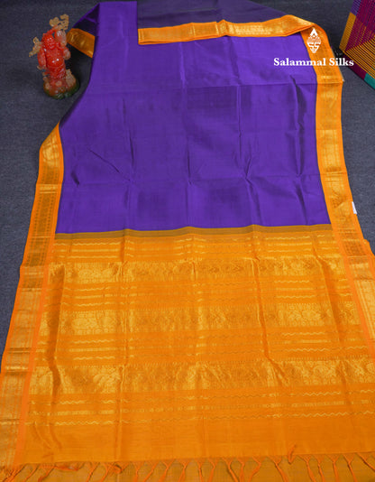 Violet Plain Pure Silk Cotton Saree With Contrast Mustard Yellow Traditional Border