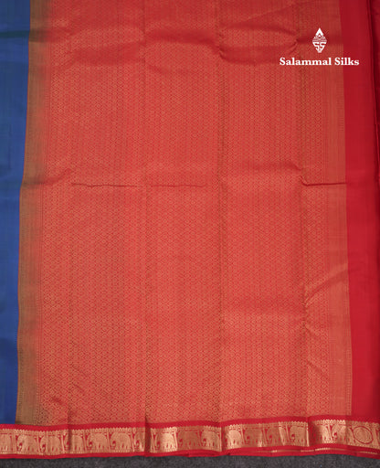 Beautiful Peacock Blue Pure Kanjivaram Silk Saree With Red Traditional Korvai Border