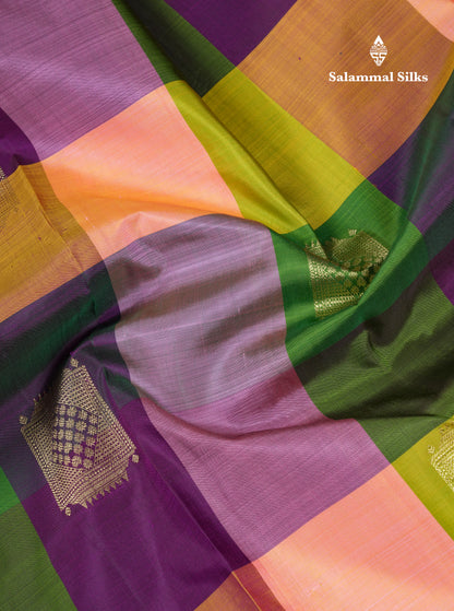 Beautiful Paalum Pazham Big Checks With Butta Pure Kanjivaram Silk Saree With Contrast Maroon Blouse