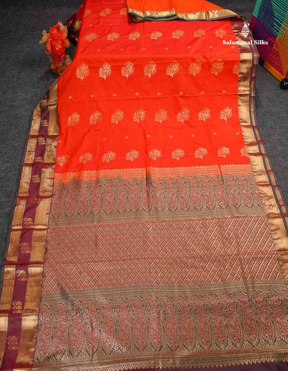 Semi Silk Saree - Orange Colour Body Zari Butta With Traditional Gap Border 