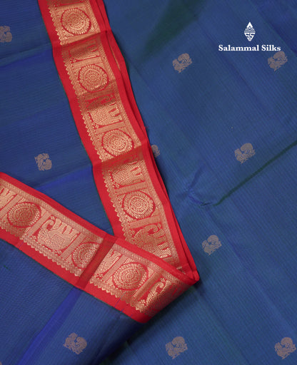 Beautiful Peacock Blue Pure Kanjivaram Silk Saree With Red Traditional Korvai Border