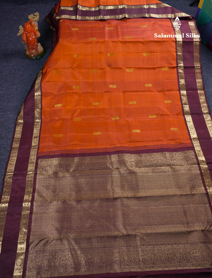 Beautiful Rust Orange Pure Kanjivaram Silk Saree With Contrast Dark Brown Traditional Gap Border