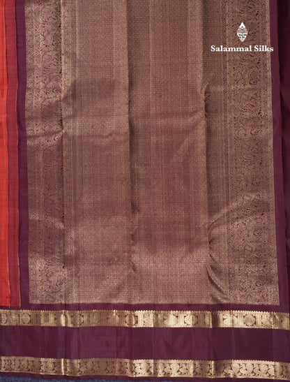Beautiful Rust Orange Pure Kanjivaram Silk Saree With Contrast Dark Brown Traditional Gap Border
