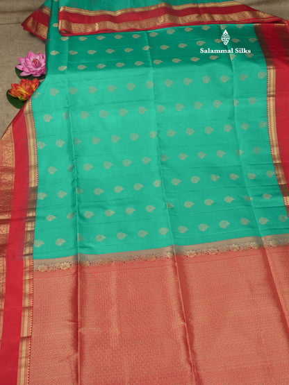 Beautiful Sapphire Blue Pure Kanjivaram Soft Silk Saree With Contrast Chilly Red Border