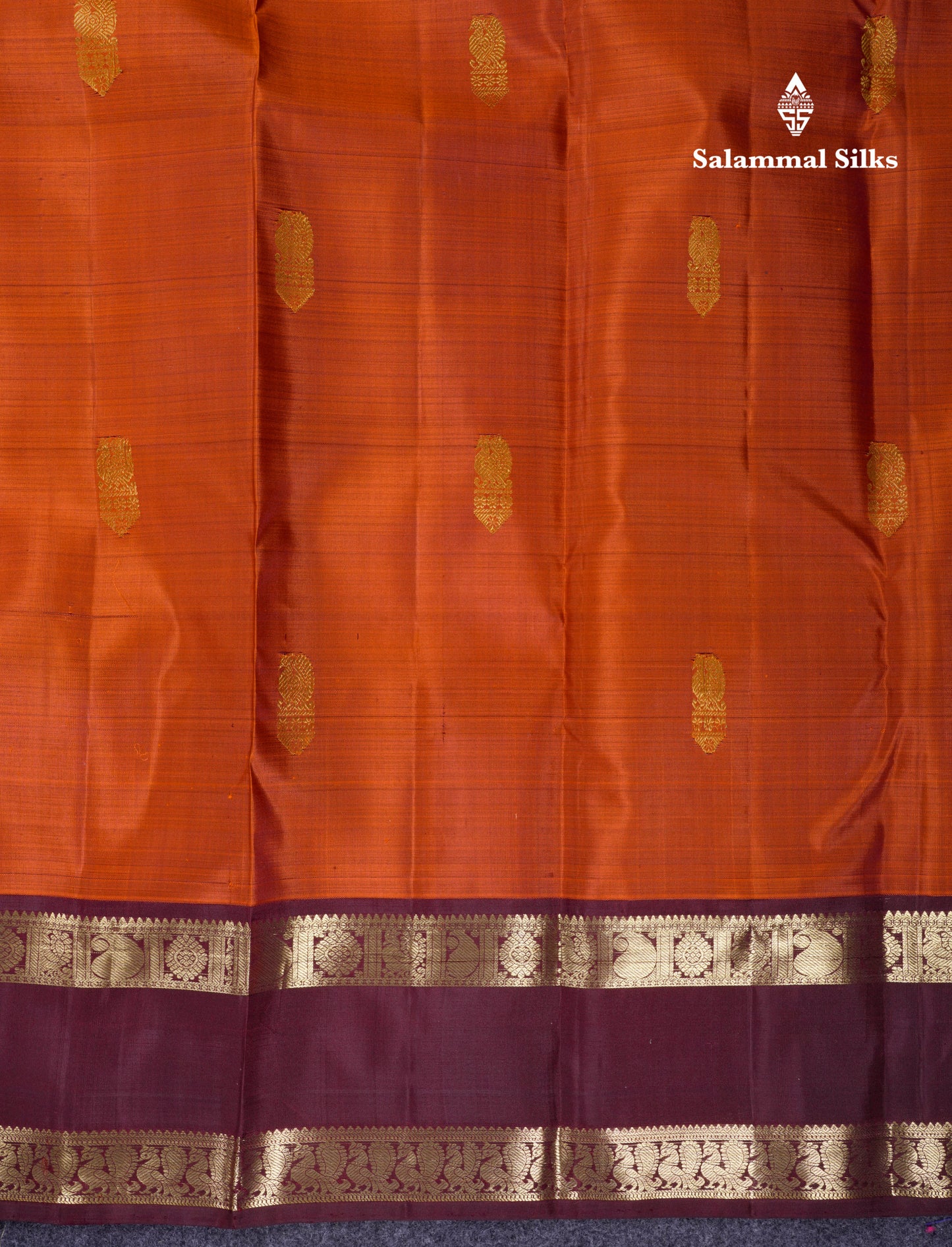 Beautiful Rust Orange Pure Kanjivaram Silk Saree With Contrast Dark Brown Traditional Gap Border